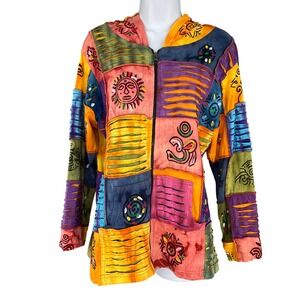 Vtg Rising International Patchwork Hoodie Jacket Cotton Textured Sun‎ Sz L Artsy